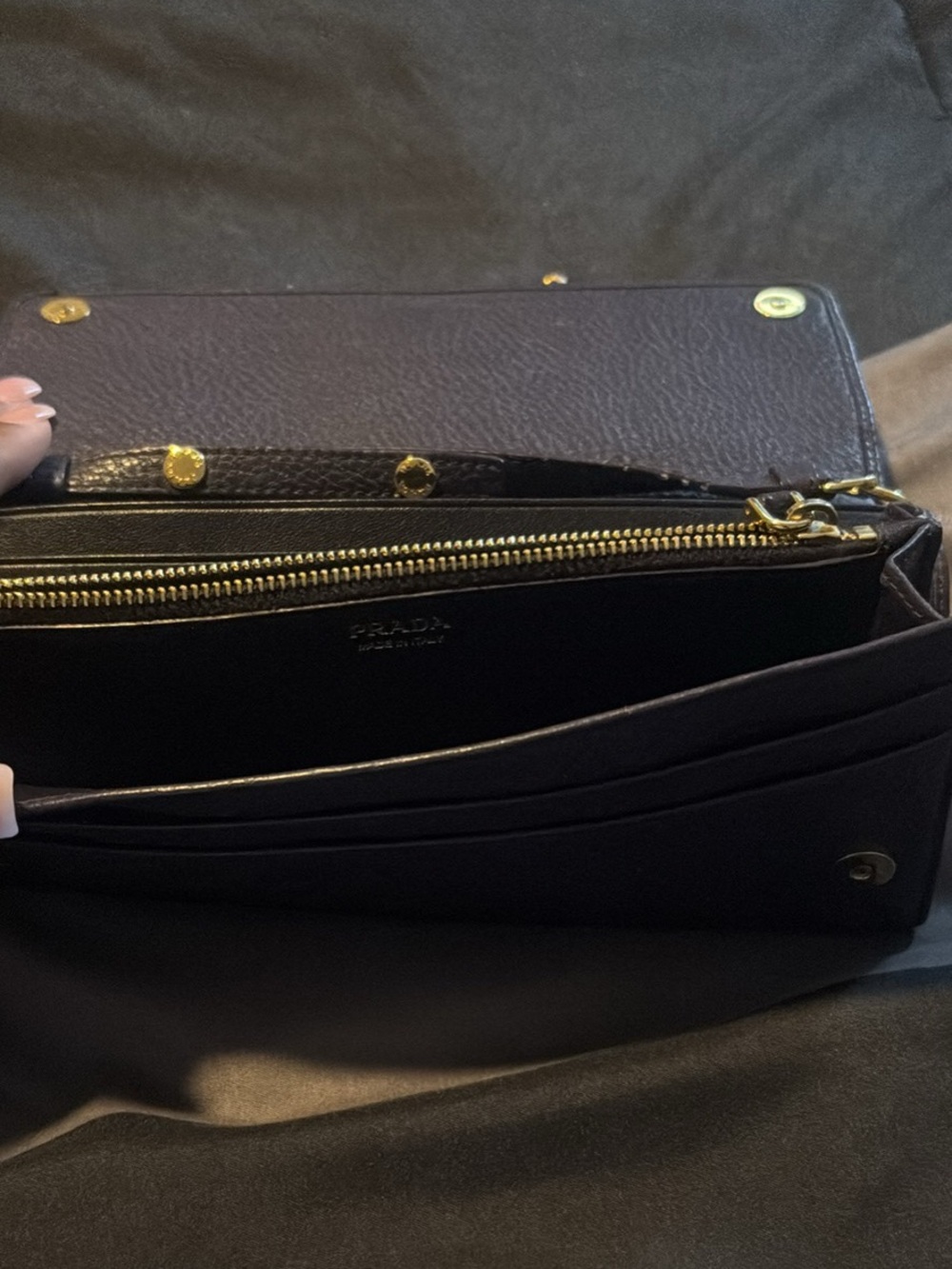 Prada Black Leather Continental Wallet with Gold Hardware